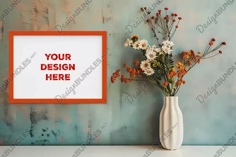 Frame mockup on grunge industrial wall with vase and flowers