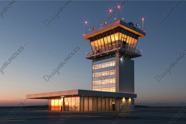 Modern airport control tower is illuminated at sunset