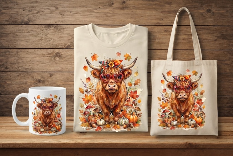 Highland Cow Heart Glasses Autumn Mushroom Art