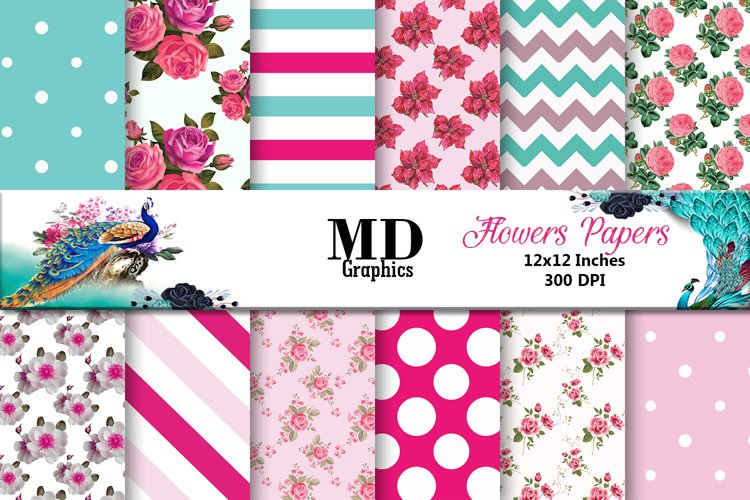 Flowers Papers, Flowers Patterned, Digital Scrapbook Papers example image 1