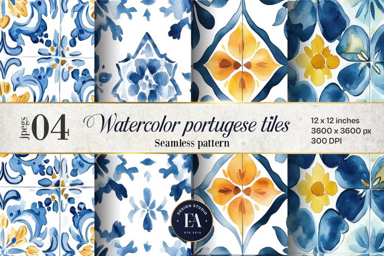 Portuguese Watercolor Tile Pattern, Blue and white tiles example image 1