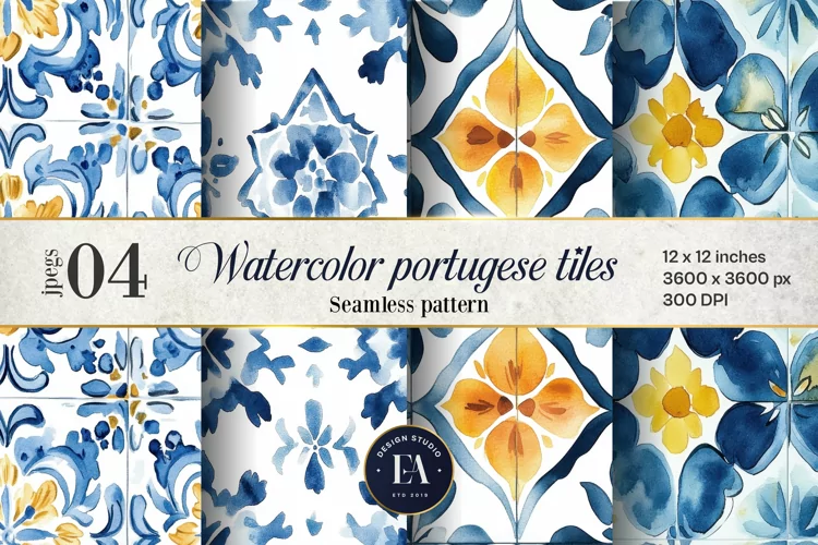 Portuguese Watercolor Tile Pattern, Blue and white tiles