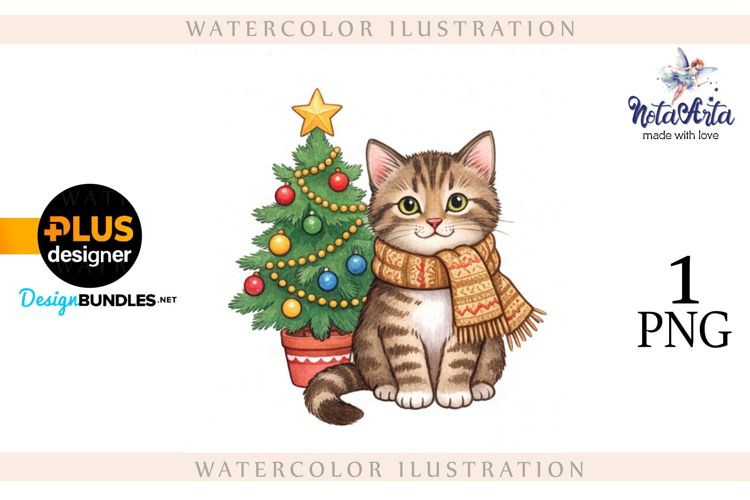 Christmas Kitten in Watercolor Style