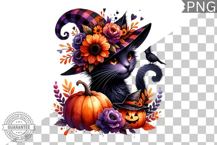 Halloween Cat Flowers Sublimation - Clipart PNG Design