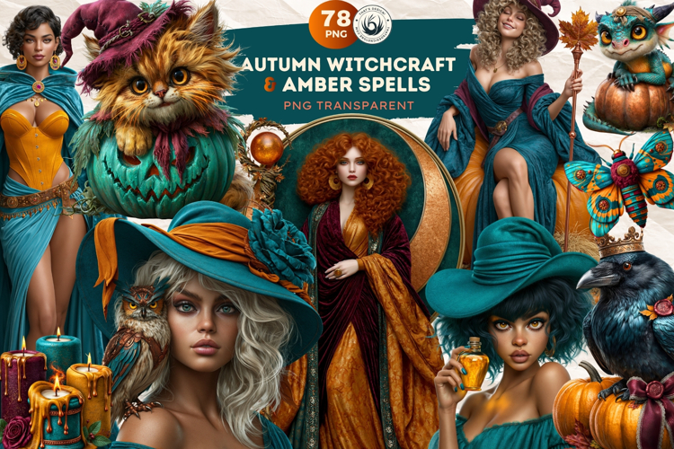 Autumn Witchcraft Clipart - Amber Spells witch PNG set