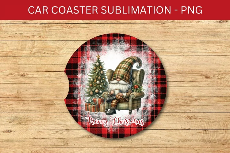 rounded car coaster - plaid gnome