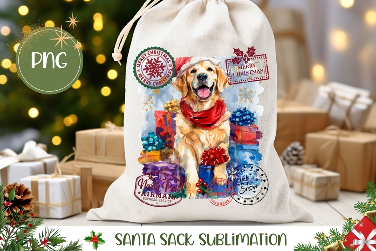 Watercolor Christmas Dog Santa Sack, Christmas Gift Bag PNG