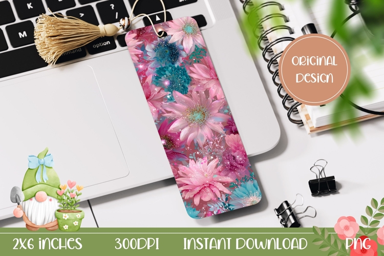 Pink Glitter Bookmark PNG, Cartoon Flowers Bookmark Design