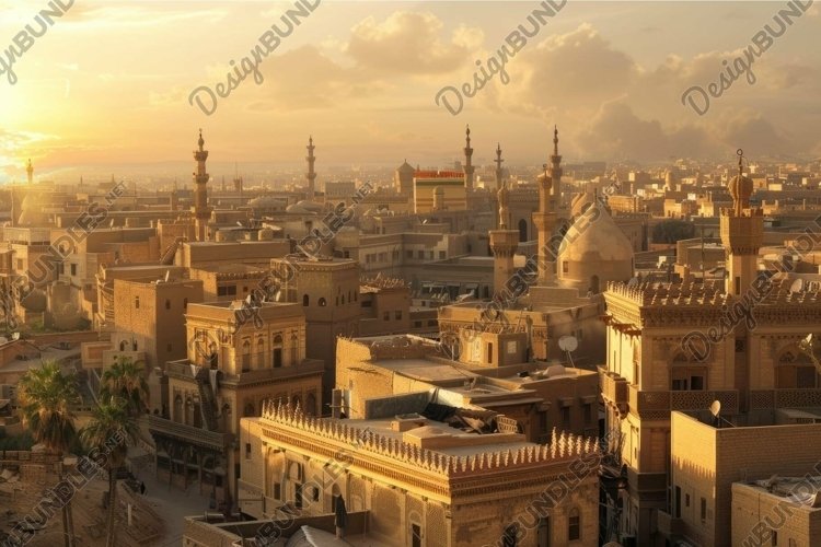 Golden sunset over middle eastern cityscape