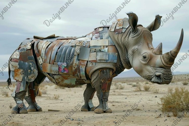 Metal rhino sculpture standing in a desert landscape example image 1
