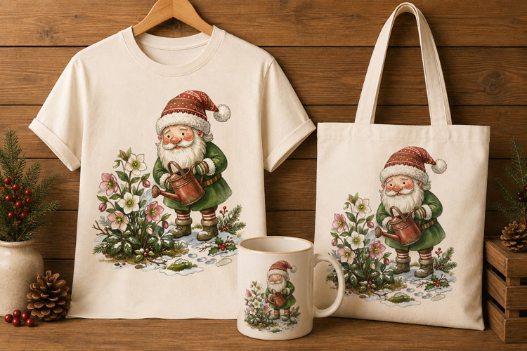 Christmas Gnome Watering Hellebore Flowers Winter Art PNG