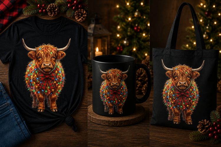 Christmas Highland Cow PNG with Plaid Bow & Holiday Lights