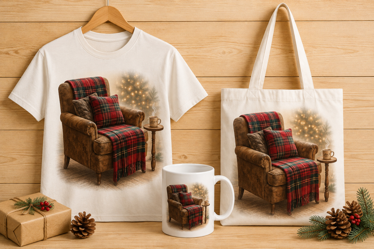 Cozy Tartan Plaid Armchair Christmas Art