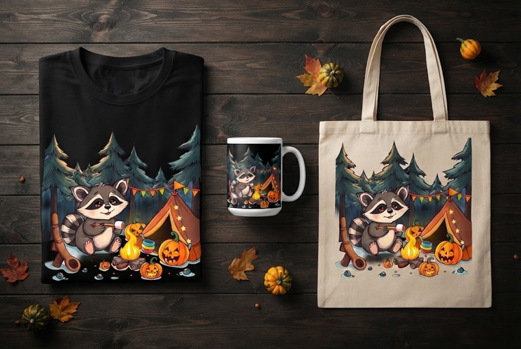 Cute Raccoon Camping Halloween Design with Marshmallow