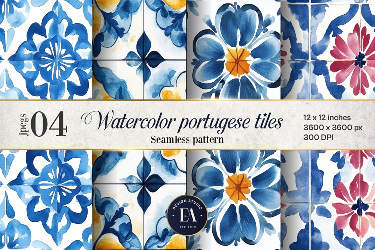 Portuguese Watercolor Tile Pattern, Blue and white tiles example image 1