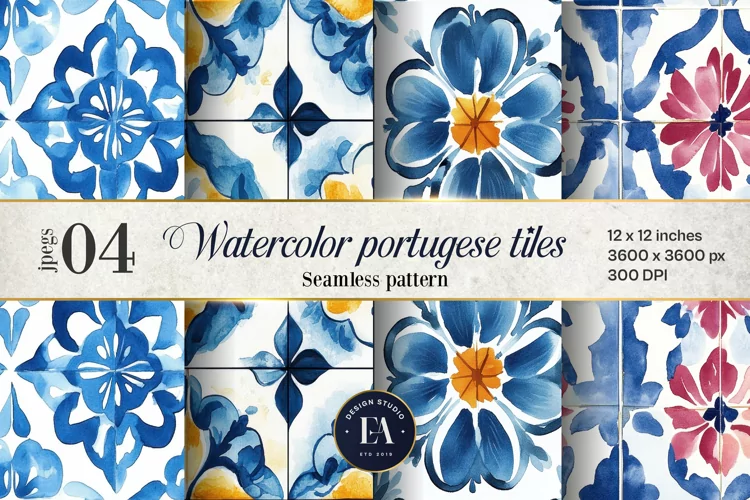 Portuguese Watercolor Tile Pattern, Blue and white tiles