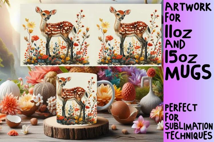Watercolor Deer Mug Wrap Art for Sublimation