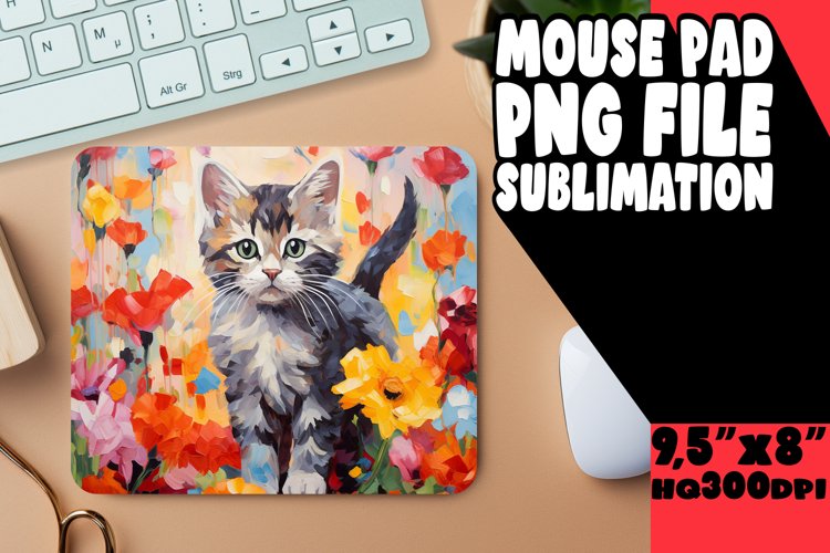 Vibrant Kitty and Flowers Mouse Pad PNG