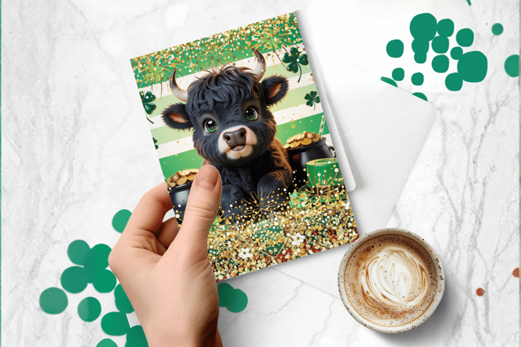 Cute Highland Calf with Gold Greeting Card PNG Sublimation D