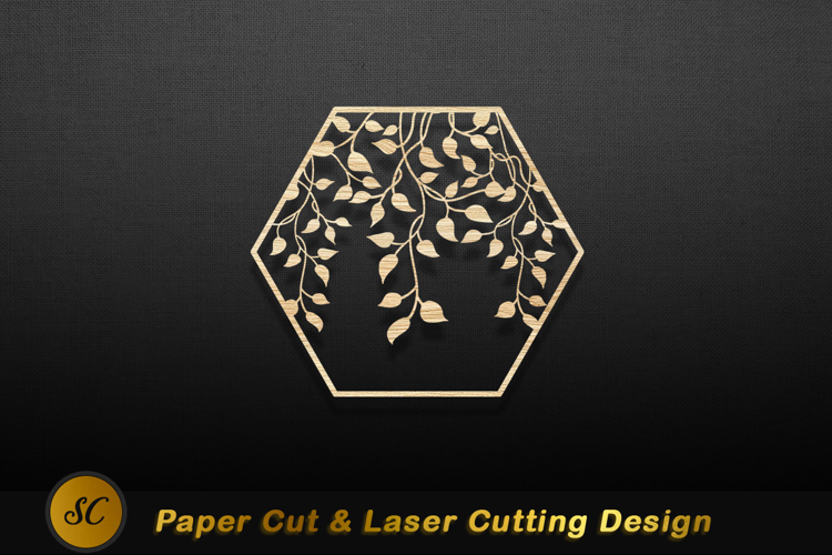 Hexagonal wood cutout with delicate leaf branches image Lase