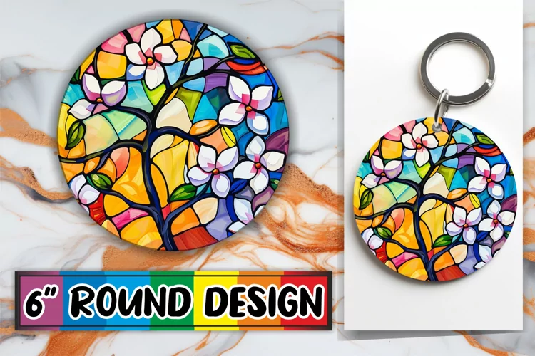 Colorful Stained Glass Tree Keychain Sublimation Round Desig