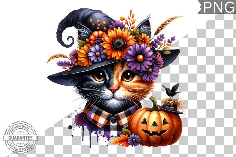 Halloween Cat Flowers Sublimation - Clipart PNG Design