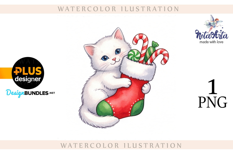 Christmas Kitten in Watercolor Style