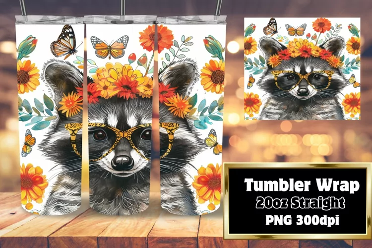 Tumbler Wrap: Joyful Raccoon & Blooming Flowers