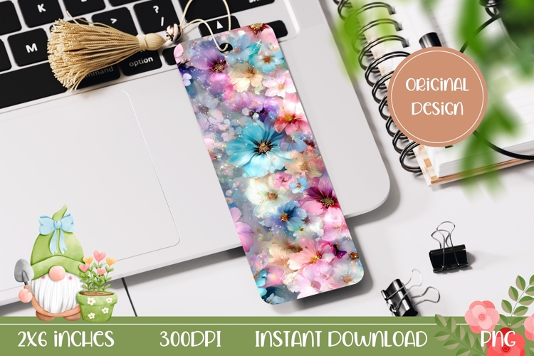 Pink Glitter Bookmark Print, Cartoon Flowers Bookmark Design