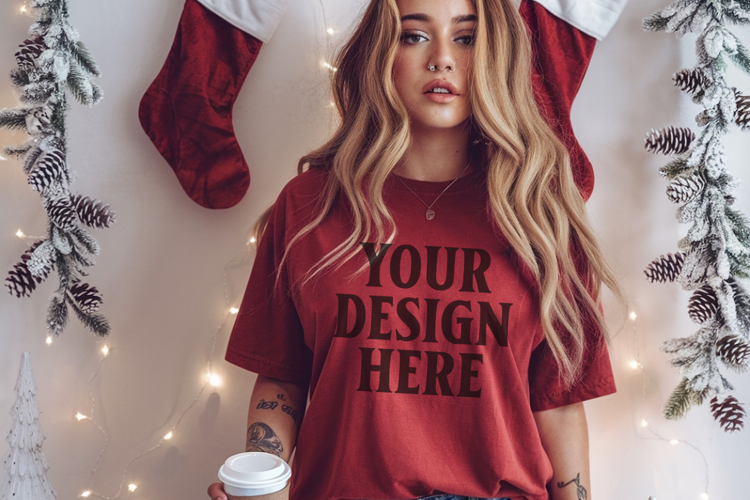Christmas Comfort Colors 1717 Crimson TShirt Mockup, CC 1717