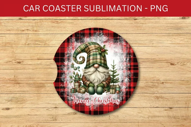 rounded car coaster - plaid gnome