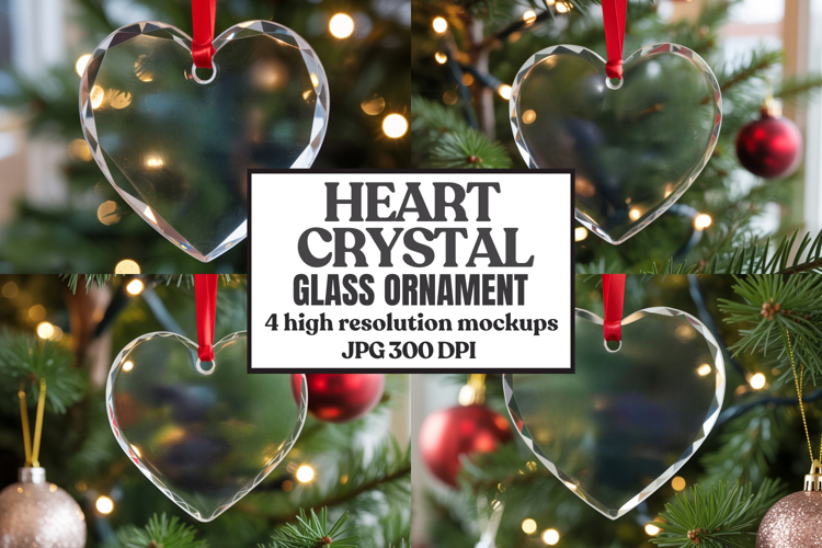 Christmas Heart Crystal Glass Ornament Mockups