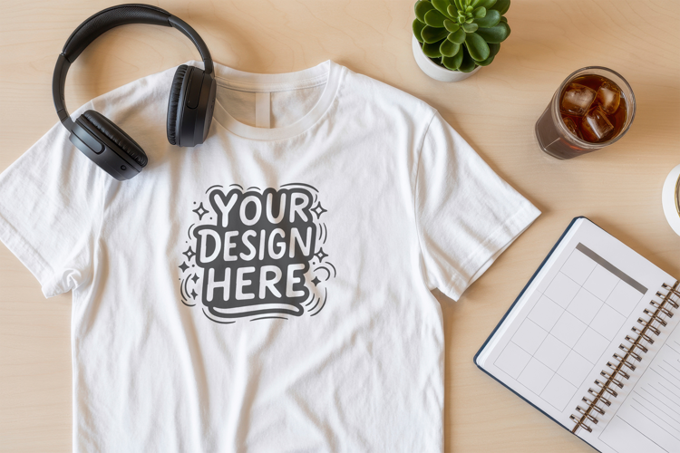 Office Desk T-Shirt Flatlay Mockup PSD JPG