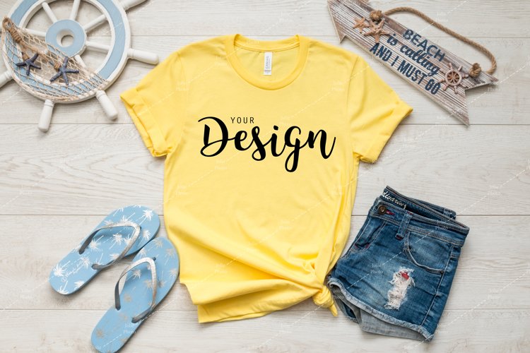 Bella Canvas 3001 Yellow T-shirt Mockup for Summer and Beach