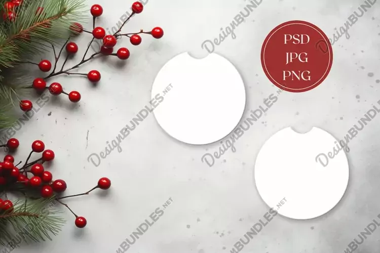 Christmas Car Coaster Mock Up, Round Coasters Mockup Design