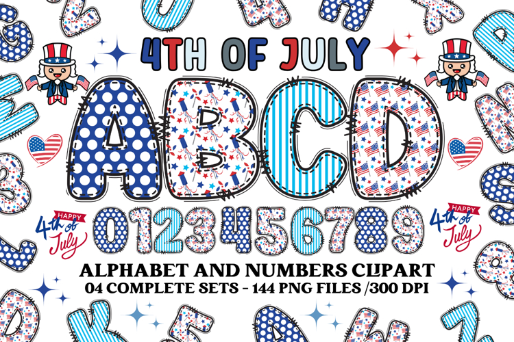 4th July Alphabet png clipart, independence letters doodle