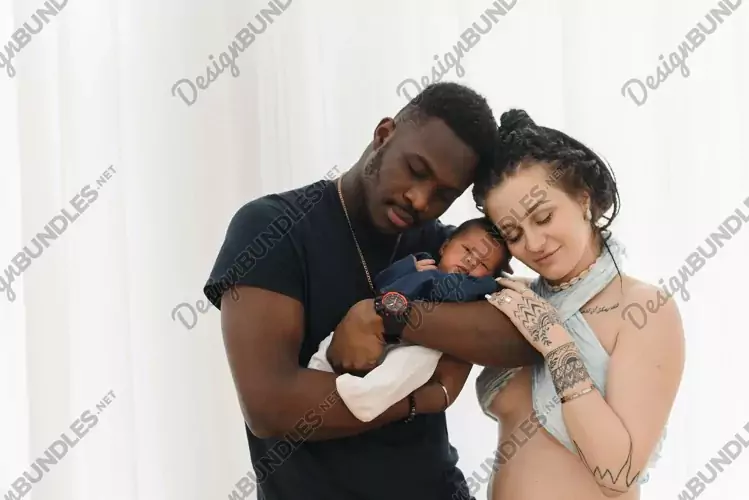 Happy multiracial mother, father and little child