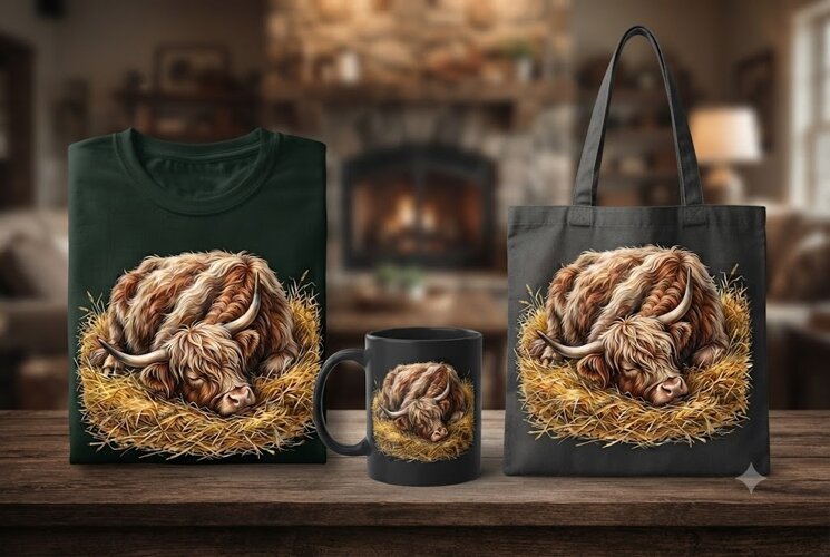 Sleeping Highland Cow PNG Cozy Fluffy Cow in Hay example image 1