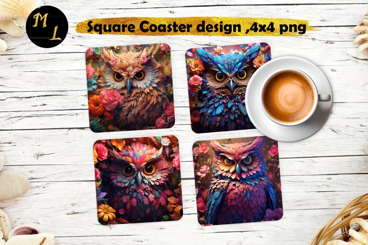 Owl Coaster design,Owl Square Coaster sublimation example image 1