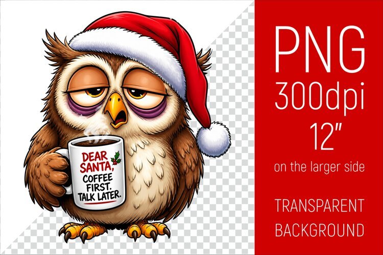 Funny Morning Coffee Owl in Santa Hat | Christmas Clipart example image 1