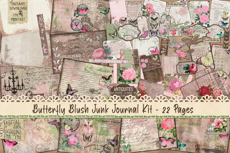 Butterfly Blush Junk Journal Kit 22 PAGES | Printable paper