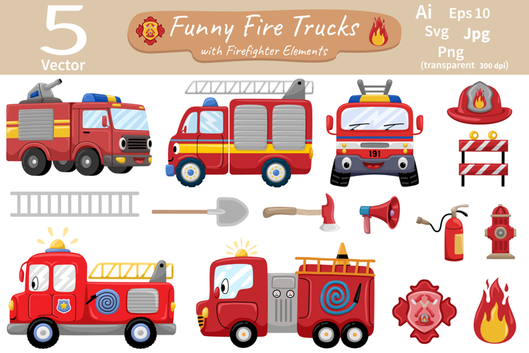 Funny Fire Trucks Vector Set with Firefighter Elements