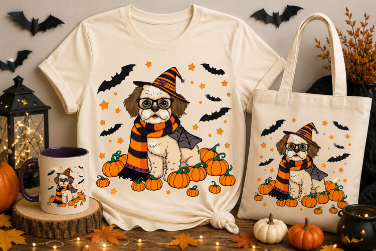 Halloween Shih Tzu PNG | Cute Witch Dog Spooky Costume example image 1