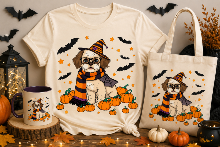 Halloween Shih Tzu PNG | Cute Witch Dog Spooky Costume