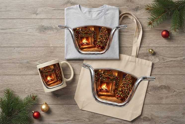 Bicycle Handlebar Christmas Fireplace Reflection Art