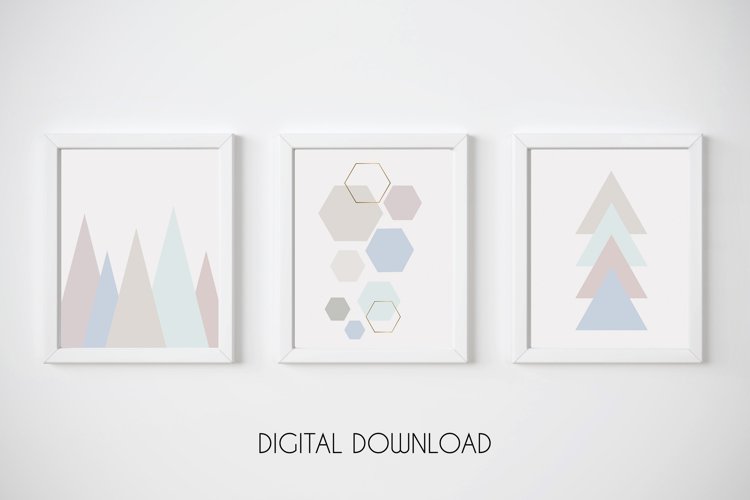 Geometric Print Set of 3, Blue and Pink Wall Art, Pastel Art example image 1