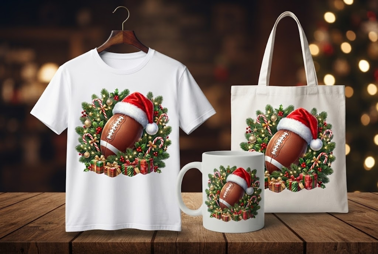 Christmas Football Design with Santa Hat and Presents