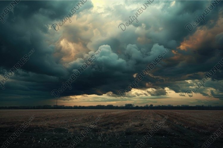 Dramatic cloudscape over farmland at dusk example image 1