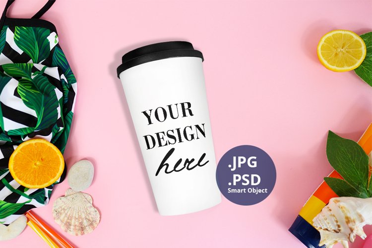 White Travel Mug Tropical Mockup PSD, Summer mug Mockup PSD example image 1