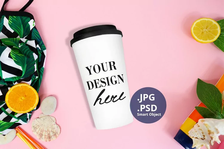 White Travel Mug Tropical Mockup PSD, Summer mug Mockup PSD